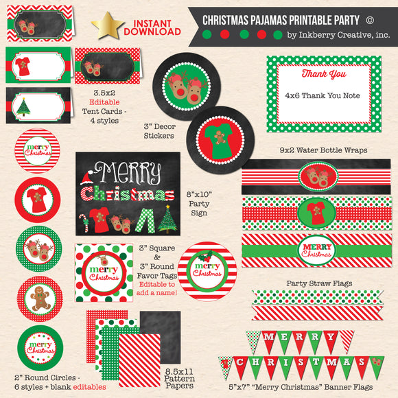 Christmas Pajamas Party - Chalkboard Style - DIY Printable Party Pack - inkberrycards