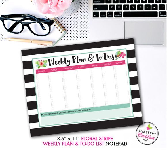 Weekly Planner and To Do List Notepad - Black and White Stripe Floral - inkberrycards