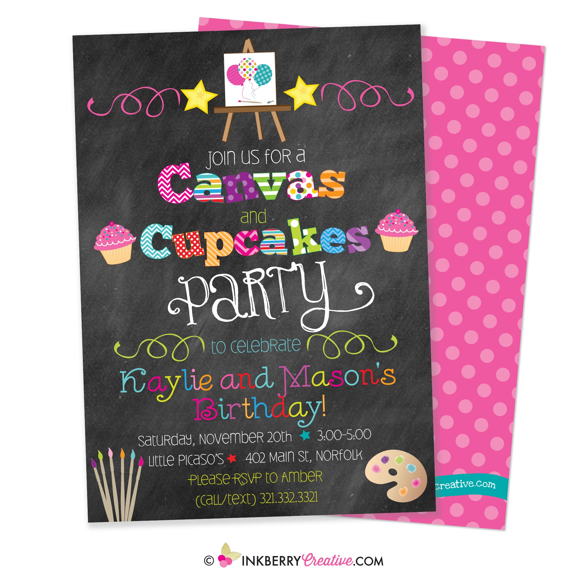 Canvas and Cupcakes - Painting Party Invitation - Chalkboard Style -  Sibling, Friend, Twin Party, image size:2048x2048