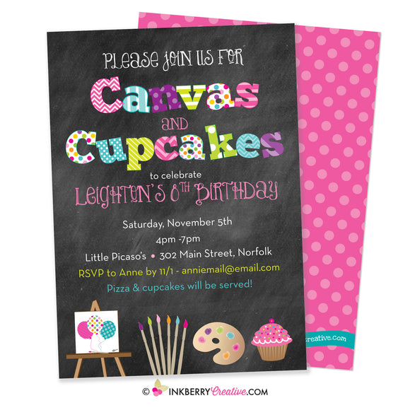 canvas and cupcakes painting party invitation on chalkboard background, bright colors, patterns, kids birthday, with cute clipart graphics, canvas, cupcakes, paint brushes and palette