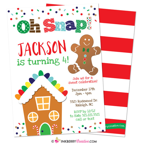 Gingerbread Birthday Party Invitation, Oh Snap Boys Gingerbread House Christmas Birthday Party - Printable, Instant Download, Editable, PDF