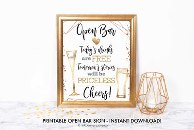 Open Bar Sign - Printable, Black Gold, Wedding, Bridal Shower, Today's Drinks Free, Stories Priceless, 8x10, Instant Download, Digital File