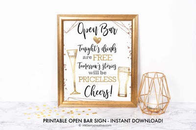 Open Bar Sign - Printable, Black Gold, Wedding, Bridal Shower, Tonight's Drinks Free, Stories Priceless, 8x10, Instant Download, Digital File
