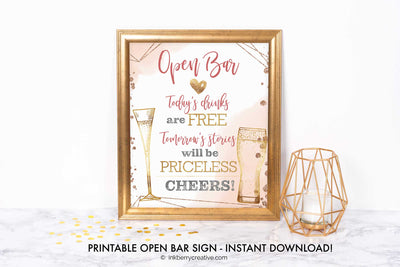 Printable Open Bar Sign, Bubbles Brews Wedding, Bridal Shower, Today's Drinks Free, Stories Priceless, 8x10, Instant Download, Digital File