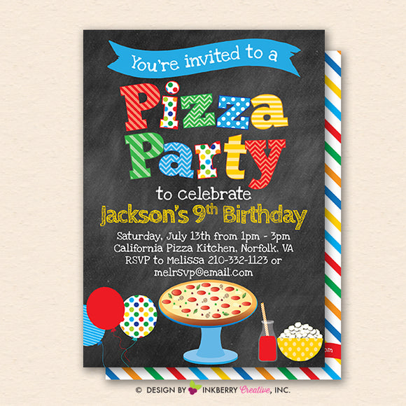Pizza Party Invitation (Chalkboard Style - Primary Colors) - Kids Pizza Birthday Party Invite - Printable, Instant Download, Editable, PDF - inkberrycards
