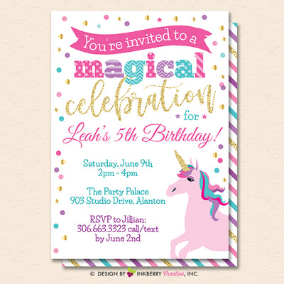 Unicorn Party Invitation (White) - Glitter Unicorn Birthday Party Invite - Printable, Instant Download, Editable, PDF - inkberrycards
