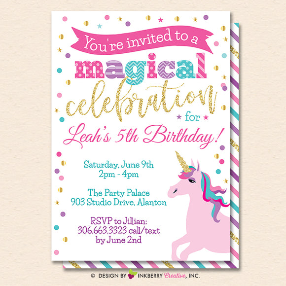 Unicorn Party Invitation (White) - Glitter Unicorn Birthday Party Invite - Printable, Instant Download, Editable, PDF - inkberrycards