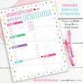 Printable Baby's Day, Babysitter Notes - Sections for Naps / Sleeping, Eating, Diapers, Mood - Care Giver, Nanny, Baby Sitter - PDF Download - inkberrycards