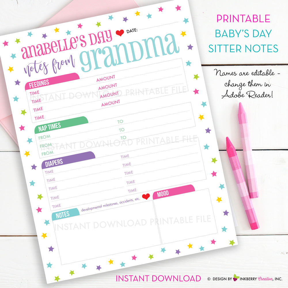 Printable Baby's Day, Babysitter Notes - Sections for Naps / Sleeping, Eating, Diapers, Mood - Care Giver, Nanny, Baby Sitter - PDF Download - inkberrycards