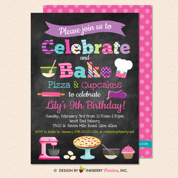Little Chef Baking Party Invitation - Pizza and Cupcakes (Chalkboard Style) - Kids Baking Pizza Cupcakes Birthday Party Invite - Printable, Instant Download, Editable, PDF - inkberrycards