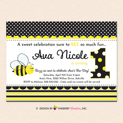 Bee First Birthday Party Invitation - Bumble Bee 1st Birthday - Yellow, Black, Polka Dot, Stripe - Printable, Instant Download, Editable, PDF