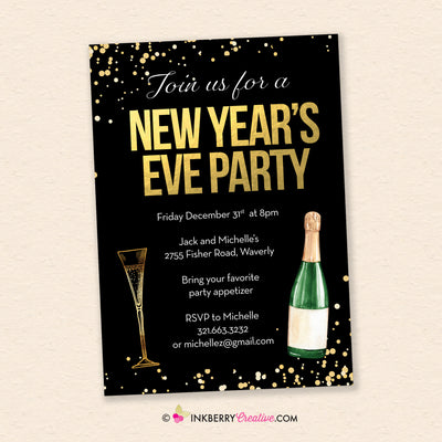 New Year's Eve Party Invitation, Black Gold Confetti Champagne Glass, Bottle of Champagne, Printable Invite, Instant Download, Editable, PDF