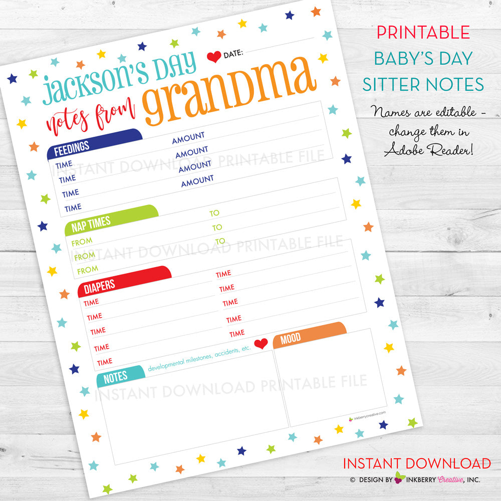 Printable Baby's Day, Babysitter Notes - Sections for Naps / Sleeping, Eating, Diapers, Mood - Care Giver, Nanny, Baby Sitter - PDF Download - inkberrycards