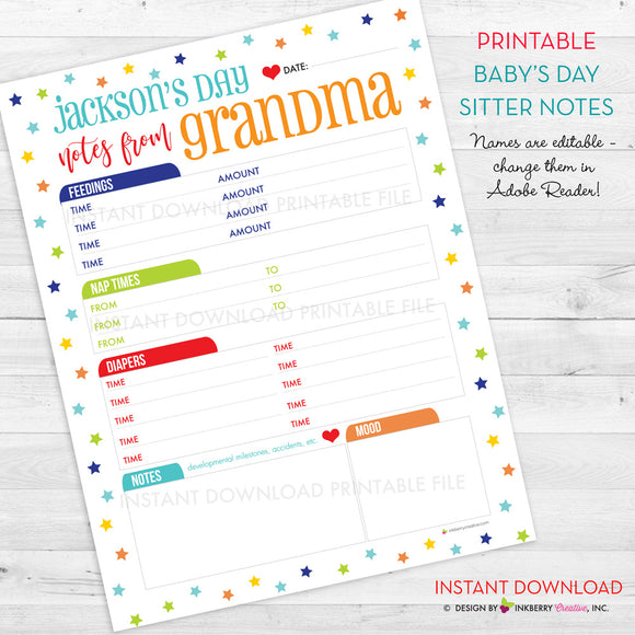 Printable Baby's Day, Babysitter Notes - Sections for Naps / Sleeping, Eating, Diapers, Mood - Care Giver, Nanny, Baby Sitter - PDF Download - inkberrycards