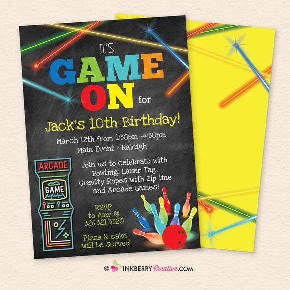 Game On - Arcade Games, Laser Tag, Bowling Birthday Party Invitation (Boys) - Printable, Instant Download, Editable, PDF