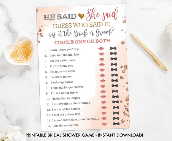 Bubbles and Brews Shower - He Said She Said - Printable Shower Game