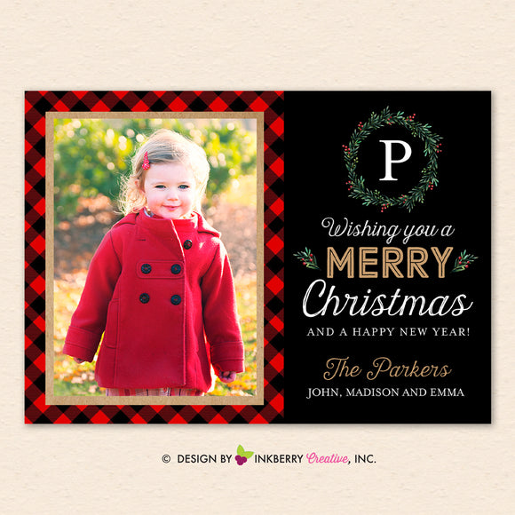 Buffalo Check Monogram Wreath - Christmas Photo Card - inkberrycards