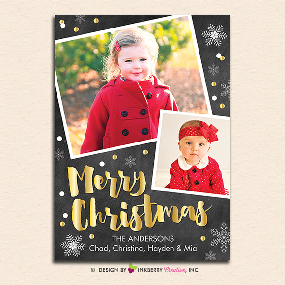 Chalkboard Silver and Gold Snow Merry Christmas Photo Card - inkberrycards