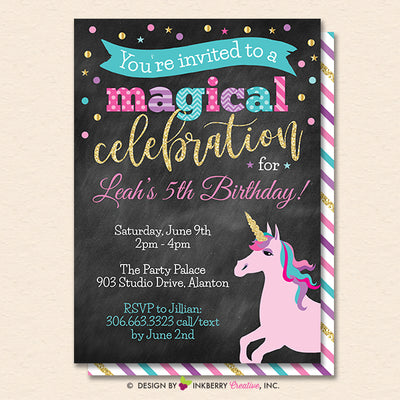 Unicorn Party Invitation (Chalkboard) - Glitter Unicorn Birthday Party Invite - Printable, Instant Download, Editable, PDF - inkberrycards