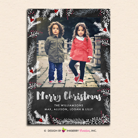 Chalkboard Winter Berry Branches - Merry Christmas Photo Card - inkberrycards