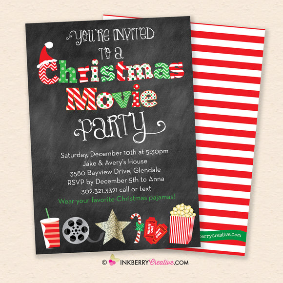 Christmas Movie Party Invitation, Christmas Movie Night Invite, Christmas Movie Pajama Party, Printable, Instant Download, Editable, PDF
