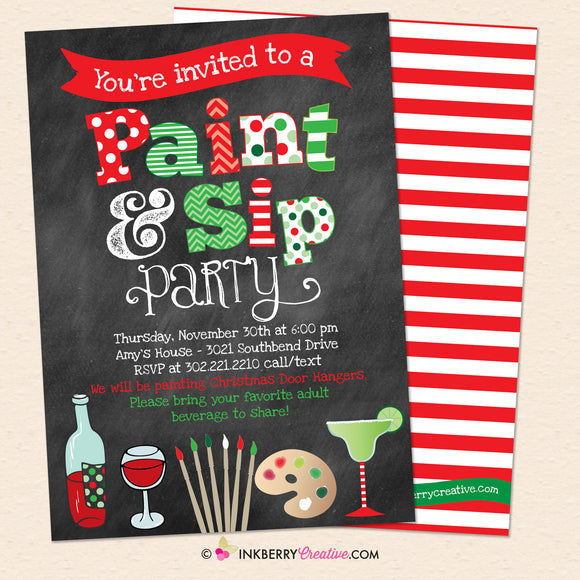 Christmas Paint & Sip Invitation, Painting Wine Party Invite, Christmas Party, Chalkboard, Printable, Instant Download, Editable, PDF