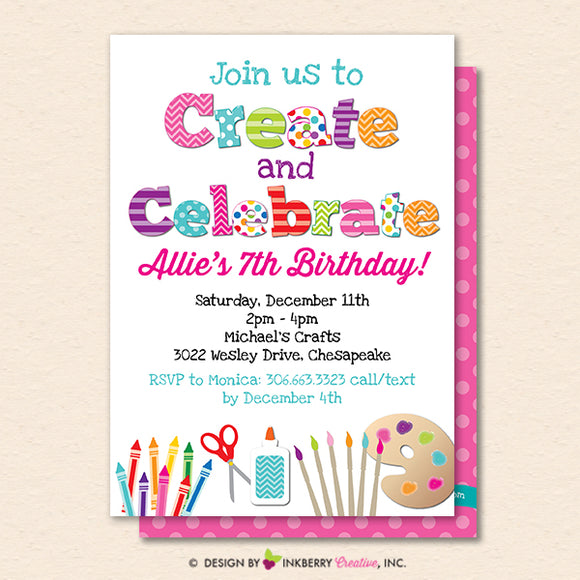 Create and Celebrate - Arts and Crafts Birthday Party Invitation, Kids Arts Crafts Painting Party - Printable, Instant Download, Editable, PDF