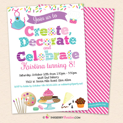 Create, Decorate, Celebrate - Cookie Cupcake Apron Decorating Birthday Party Invitation, Kids Baking and Crafts Party - Printable, Instant Download, Editable, PDF