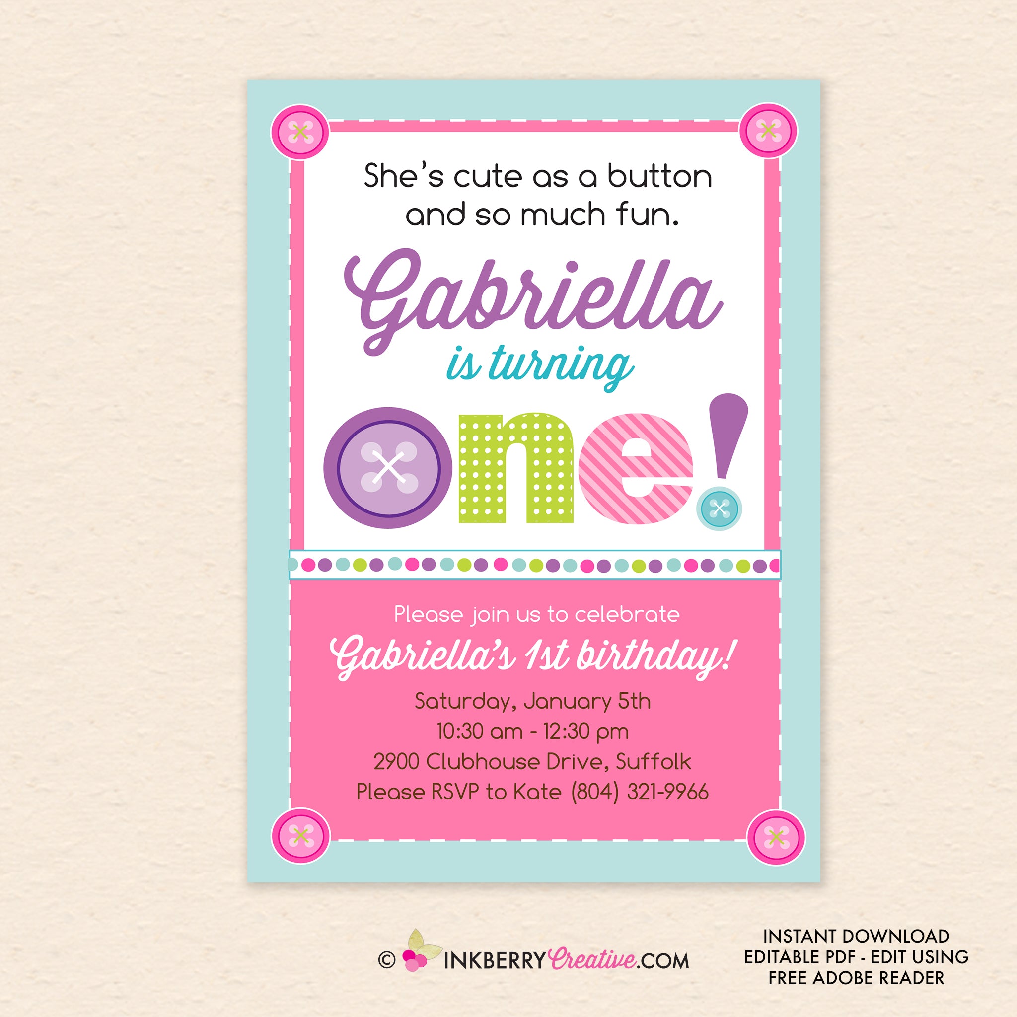 Cute as a Button First 1st Birthday Party Invitation - Printable, Instant Download, Editable, PDF