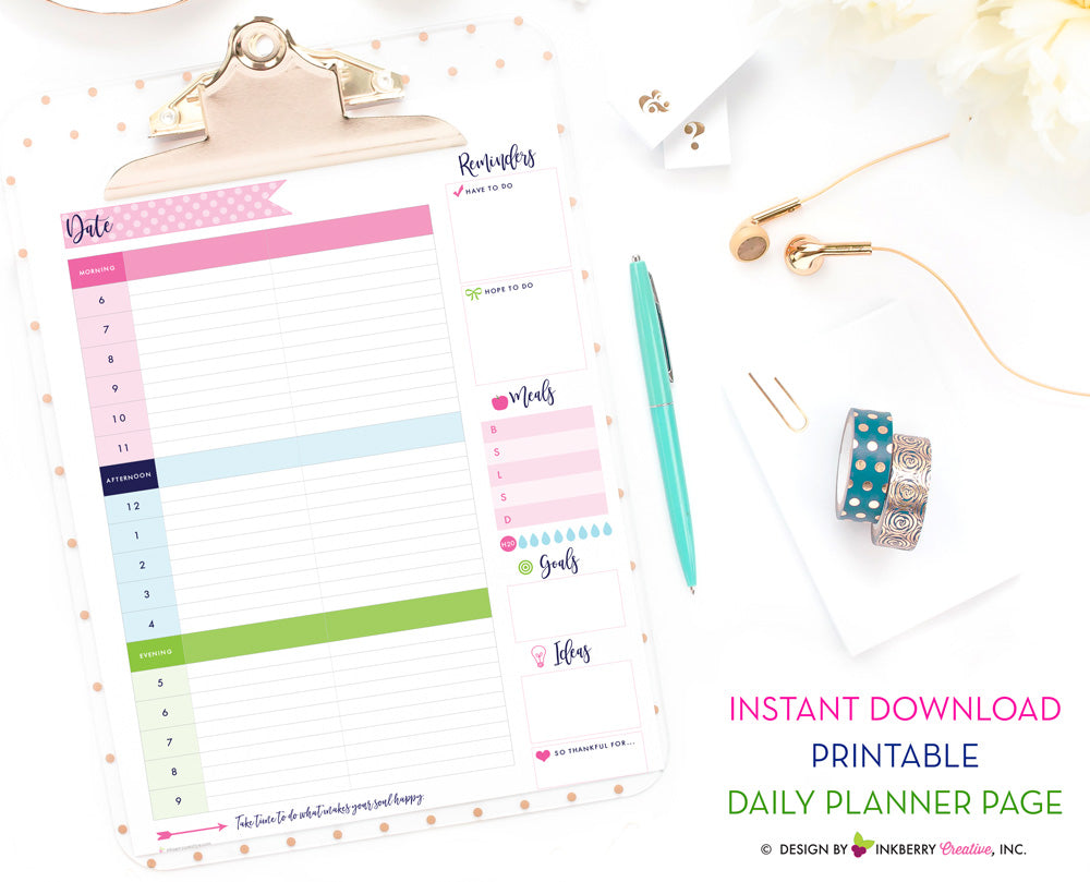 Printable Daily Planner Page - Instant Download, PDF, Daily Schedule, To-Do, Meal Planner, Water Tracker, Goals, Ideas, Today's Plan PDF Planner - inkberrycards