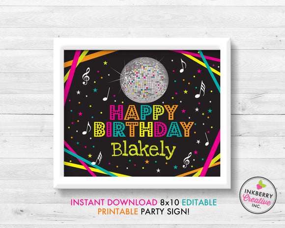 Neon Dance Party Sign, Disco Ball, Birthday, 8x10, Editable, Printable PDF Party Sign