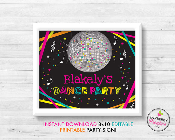 Neon Dance Party Sign, Disco Ball, 8x10, Editable, Printable PDF Party Sign