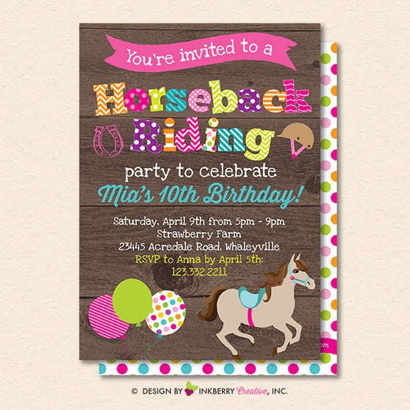 Horseback Riding Birthday Party Invitation - Woodgrain Horse Theme Birthday Party Invite - Printable, Instant Download, Editable, PDF - inkberrycards