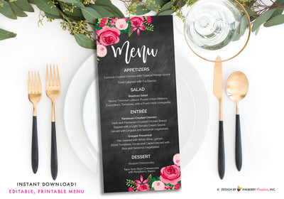 Chalkboard Pink Floral Wedding Menu - Printable, Editable, Menu Cards - Instant Download, Editable PDF File, Print Your Own - inkberrycards