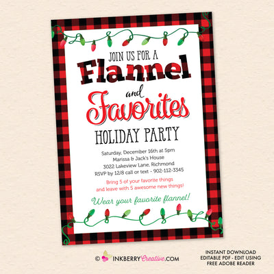 Christmas Flannel and Favorites Party Invitation, Red Black Plaid Check Flannel Party Invite, Printable, Instant Download, Editable, PDF