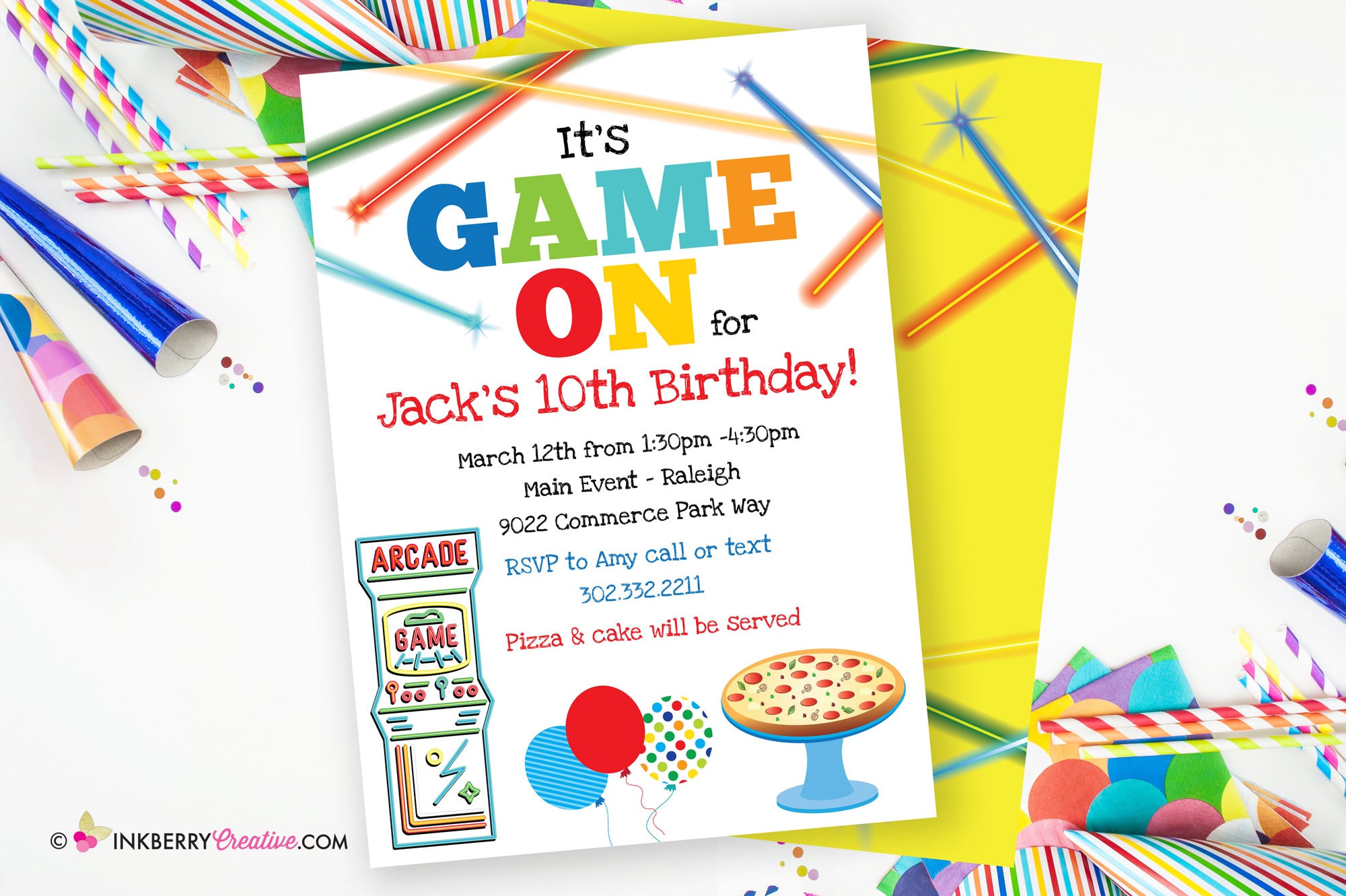 game-on-arcade-games-and-pizza-birthday-party-invitation-printable-inkberry-creative for Free Printable Arcade Birthday Party Invitations Game On - Arcade Games and Pizza Birthday Party Invitation - Printable – Inkberry Creative for Free Printable Arcade Birthday Party Invitations