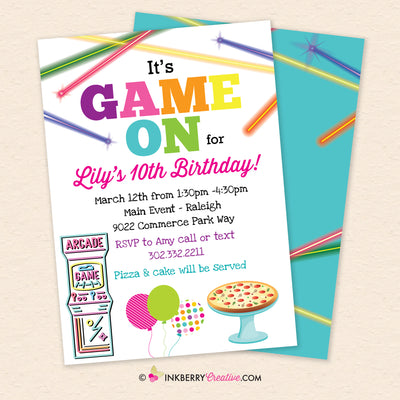Game On - Arcade Games and Pizza Birthday Party Invitation (Girls) - Printable, Instant Download, Editable, PDF
