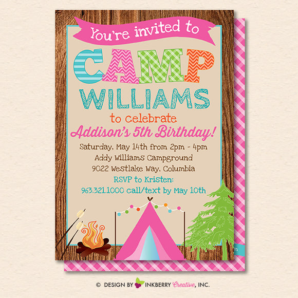 Camping Party Invitation - Backyard, Outdoor, Birthday, Girls Camping Party - Printable, Instant Download, Editable, PDF - inkberrycards