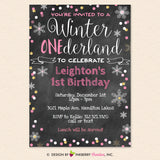 Winter One-derland 1st Birthday Party Invitation, Chalkboard Style, Snowflake, Chalkboard, Pink, Gold  - Printable, Instant Download, Editable, PDF