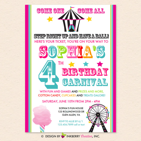Carnival (Pink) Birthday Party Invitation - Printable, Instant Download, Editable, PDF