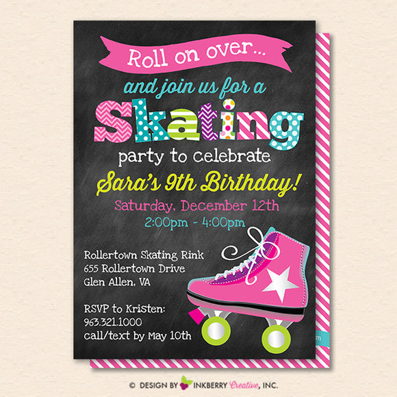 Roller Skating Birthday Party Invitation - Printable, Instant Download, Editable, PDF - inkberrycards
