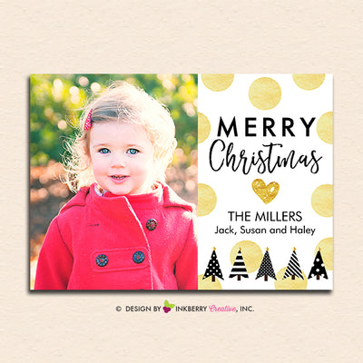 Gold Polka Dot Modern Trees - Christmas Photo Card - inkberrycards
