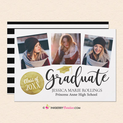 Gold Stamp 3 Photo Graduation Invitation or Announcement
