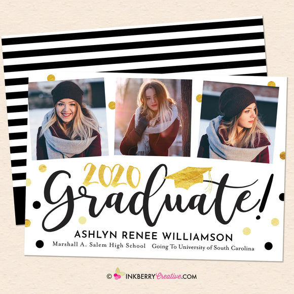 Gold Brush Script 3 Photo Graduation Invitation or Announcement ...