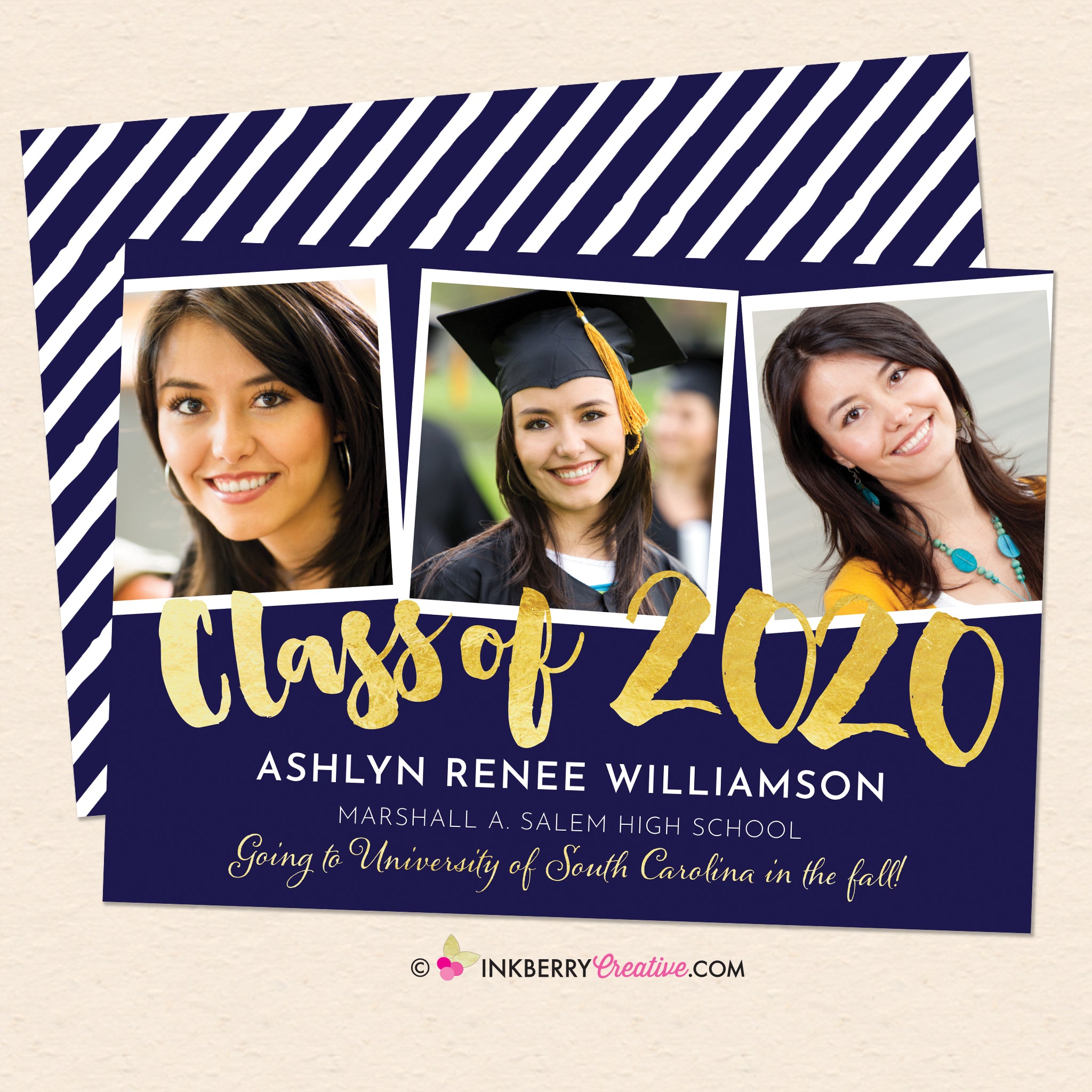 Gold Brush Script 3 Photo Graduation Invitation or Announcement ...