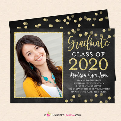 Chalkboard Gold Confetti Graduation Invitation or Announcement