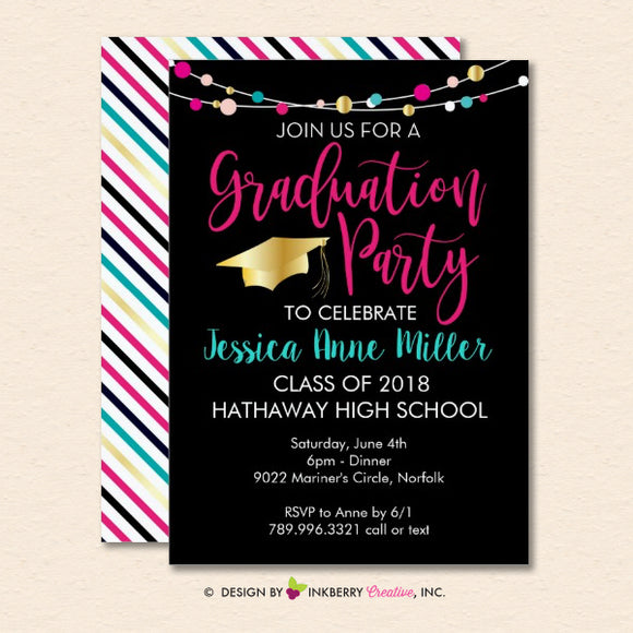 Colorful Lights Graduation Party Invitation (Black) - inkberrycards