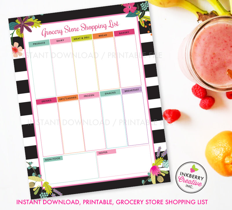 Printable Grocery Store Shopping List, Instant Download, PDF, Meal Planning, Grocery List, Weekly Grocery Store, Black White Stripe Floral - inkberrycards
