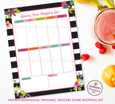 Printable Grocery Store Shopping List, Instant Download, PDF, Meal Planning, Grocery List, Weekly Grocery Store, Black White Stripe Floral - inkberrycards