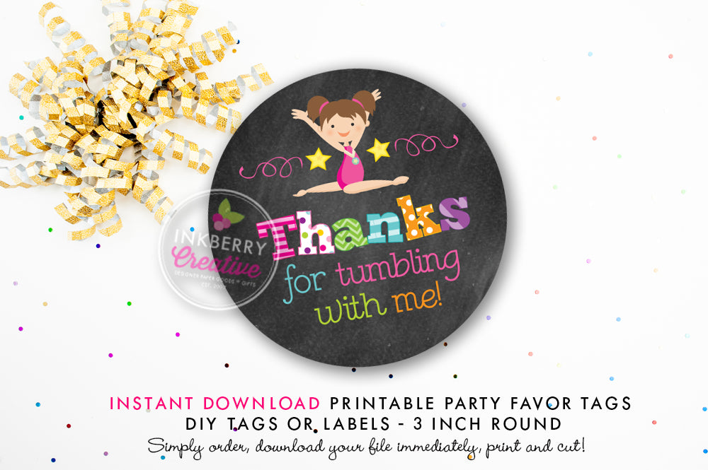Girls Gymnastics Birthday - Printable 3 inch Birthday Party Favor Tags - Instant Download PDF File - inkberrycards